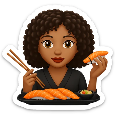 Edit the image of a girl eating sushi to have curly hair. Keep the same style as the original image. Remove the background. sticker