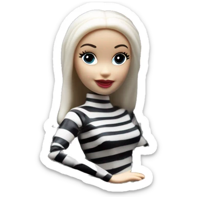 Princess Leia Barbie, 1910 teen Morticia Addams from academy, in dark-gray and black striped outfit. Smiling Driving Mercedes convertible sports car. Pale-white porcelain skin.  sticker