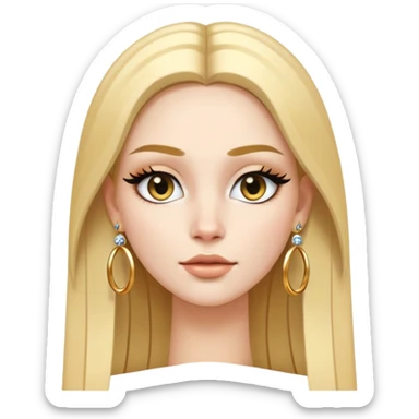 A white skinned girl with a three-dimensional face shape from Europe and America has long, straight golden center part hair Upperhung eyeliner and two earrings sticker