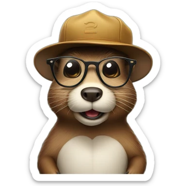 beaver with glasses in a cap with a propeller sticker