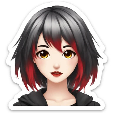 Gorgeous anime style lady with blushing face aesthetic and pretty edgy black red punk hair with hair garment trending style sticker