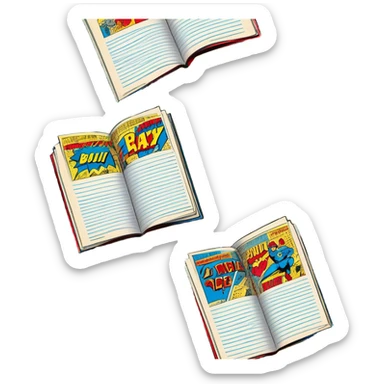 Create a vibrant emoji representing comic books and graphic novels as an art form. The design should feature a large, open comic book with vintage comic panels on the pages. Include a pencil (without a hand) gently writing text or sketching on the pages. The comic panels should have bold lines and retro-style artwork with classic comic book visuals. Use bright, energetic colors like red, yellow, and blue to evoke excitement and creativity. The overall design should feel dynamic, vintage, and artistic. Make the background transparent. sticker