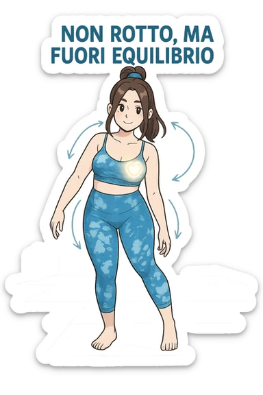 stile manga a woman stands in a relaxed pose, with a gentle, confident expression. Her body is shown with subtle, curved lines or arrows indicating areas of imbalance (such as a slight tilt in the shoulders or hips), but no signs of injury or damage. A soft glow or heart symbol at her core emphasizes resilience and the message “Non rotto, ma fuori equilibrio” The background is clean and clinical, with light blue tones. sticker
