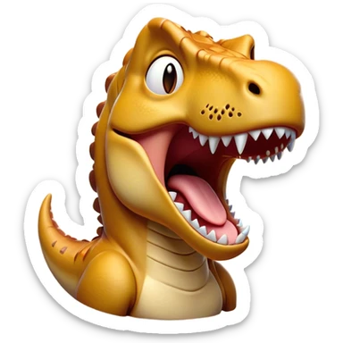 Cinematic Cute Yawning T-rex Portrait Emoji, Head tilted slightly with a dramatic, wide-open yawn, showcasing a robust, muscular form with a slightly open mouth revealing powerful jaws and sleepy, half-closed eyes, Simplified yet irresistibly adorable features, highly detailed, glowing with a soft, cozy prehistoric glow, high shine, relaxed yet expressive, stylized with a hint of whimsical ancient ease, soft glowing outline, capturing the essence of a drowsy yet affectionate T-rex that appears ready to stretch and yawn its way out of the screen! sticker