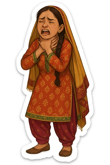 A girl in traditional desi attire, appearing to choke herself by gripping her own neck, expressive, detailed clothing, vibrant colors, full body, no background sticker