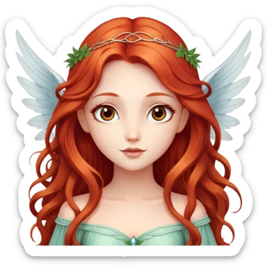Une magnifique fée avec un visage d’ange  avec de belles ailes une magnifique robe naturelle avec de très long cheveux roux avec des yeux marrons  sticker