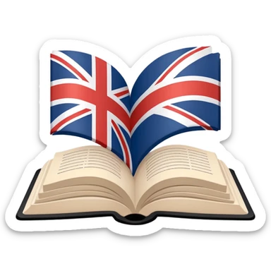 Minimalistic flat vector icon, iOS style, thin black contour on white background. Open book with a small UK/USA flag symbol. No text, no shadows. sticker