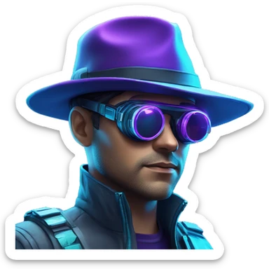 Secret human agent in a hat with  cyberpunk elements in VR googles scanning looking reviewing multicolor lines of code, cyan and purple colors, only upper body portrait sticker