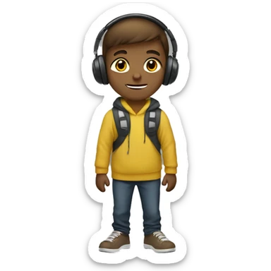 a brown short hair boy with headphone and yellow pullover say "hi" sticker