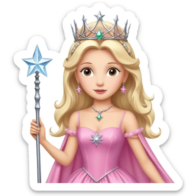 glinda the good witch from wicked movie (ariana) blonde hair, beautiful, big silver thin tiara, star wand, pink gown sticker
