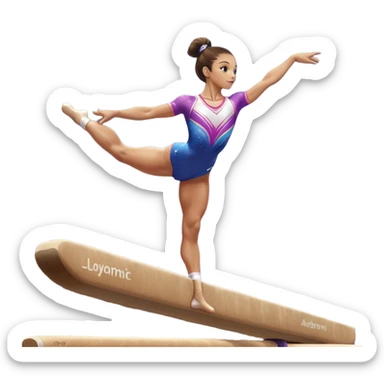 A gymnast performing a flawless routine on the balance beam, showcasing strength and grace. The scene captures the precise, elegant movement with perfect balance and form. The background features a gymnastics arena with vibrant lighting and cheering crowds, emphasizing athleticism and poise. sticker