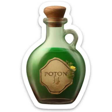Mysterious Alchemical vintage glass potion bottle, exquisite bottle shape, old and shabby, with label, stylish and minimalistic, brown and shabby-green, oil potion is poured out of the bottle, herbal, flowers and oil is spilled next to it sticker
