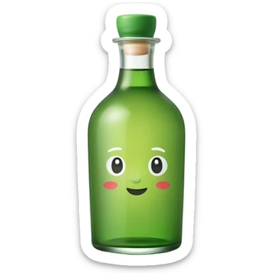 A clean, cute emoji-style green soju bottle, small Korean soju bottle with green glass, simple label in Korean style, minimal flat design, soft shading, centered, white or transparent background, high contrast, rounded friendly emoji look, 1:1 aspect ratio, app icon style sticker
