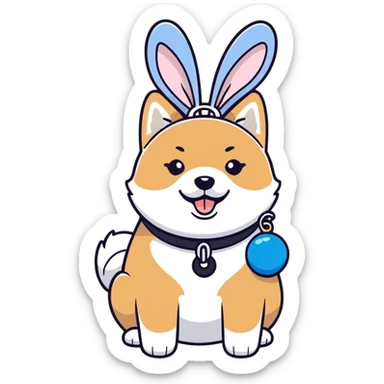 plump black shiba inu, blue bunny toy dangling from mouth, cheerful, suggestion of cheese smell, cartoon sticker style sticker