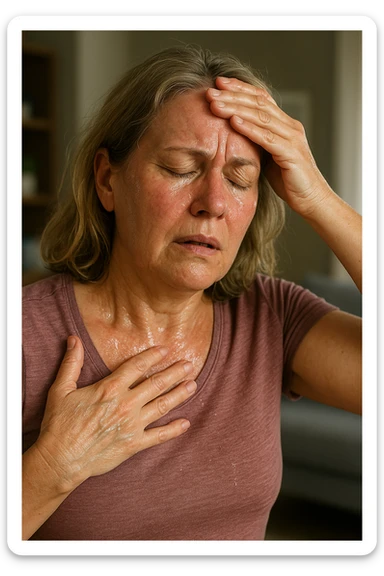 Donna in menopausa con sintomi evidenti. immagini specifiche, senza testo. immagini realistiche 4k sticker