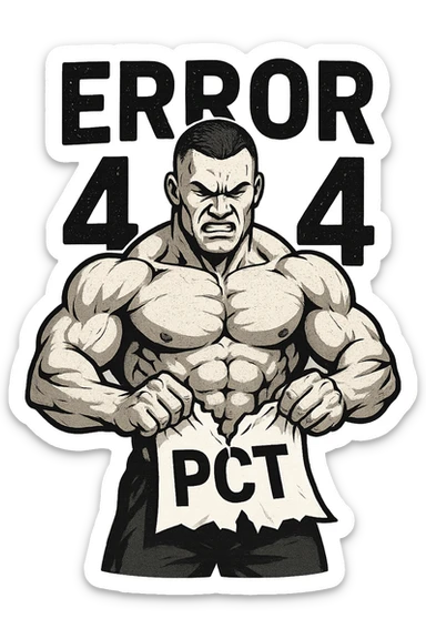 bodybuilder che strappa un foglio con la scritta "PCT" INTORNO A LUI FLUTTUANO LE PAROLE "ERROR 404" sticker