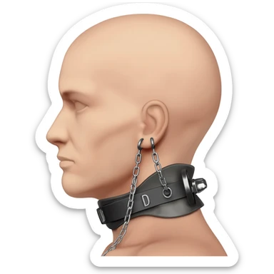 Side profile with neck fully extended back, showing defined neck fibres and a prominent Adam’s apple. Wearing a neck training brace with D-rings near the ears, with a chain running through a weight plate attached to the rings. sticker