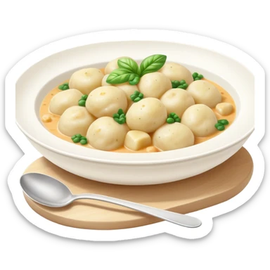 Cinematic Realistic Gnocchi Dish Emoji, showcasing tender potato dumplings in a light sauce rendered with soft textures and inviting, natural lighting. sticker