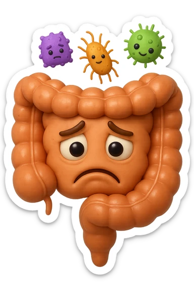 EMOJI STILE IPHONE 3D DI INTESTINO 3D CON ESPRESSIONE TRISTE  IN VOLTO MENTRE SOPRA LUI FLUTTUANO BATTERI, FAGLI ANCHE LA PARTE BIANCA DEGLI OCCHI, NON SOLO LA PUPILLA sticker