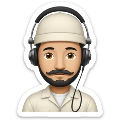Half body man wearing white topi, lapray, black beard and moustache, headphones, eyes closed, realistic emoji style. sticker