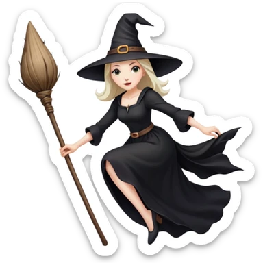 witch with pointy hat and black dress flying on a wooden broom sticker
