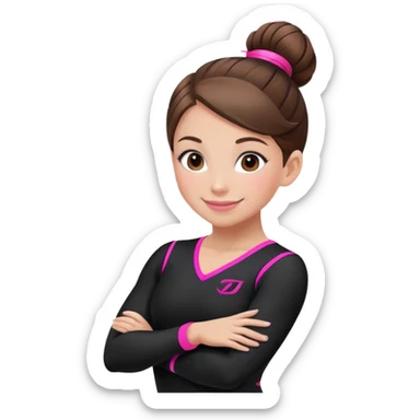Happy female gymnast with brown hair in a neat bun, wearing a black uniform with neon pink elements. sticker