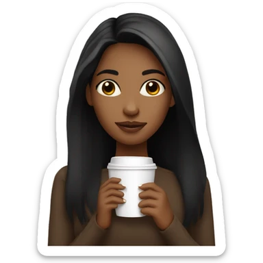 Brown skin girl with straight black hair holding coffee sticker