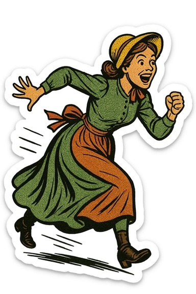The full body of A female 1860s American settler in the American West looking excited and about to start a race sticker