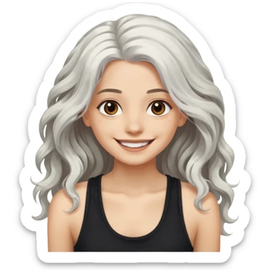 woman with wavy long white hair and brown eyes. smiling in a grunge tanktop sticker