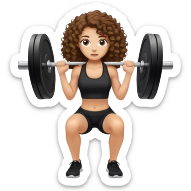 mulher branca com cabelo cacheado longo castanho com top e shorts preto fazendo agachamento com peso sticker