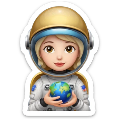 space molly as a cute emoji, holding a tiny planet, sparkly eyes, helmet, adorable sticker