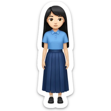 hair : black long hair with fringe 
skin : light 
cloth : oversize light blue shirt + navy long long skirt 
 sticker