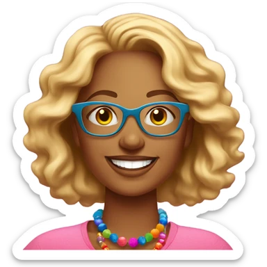  cheerful woman with wavy blonde hair and glasses, wearing a pink shirt and colorful beaded necklace, smiling brightly against a vibrant red background." setting on the moon sticker