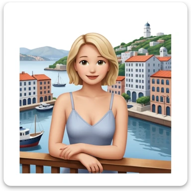 jennifer lawrence, closeup portrait , leaning on a balcony with a harbor and cityscape in the background, smiling sticker