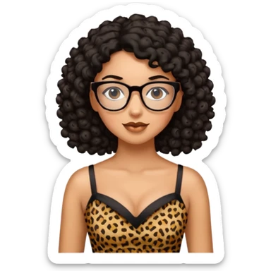 A women who wears glasses with a black curly hair, in a leopard print dress sweetheart neckline  sticker