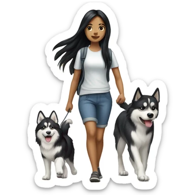 Long black hair pale girl walking husky dog sticker