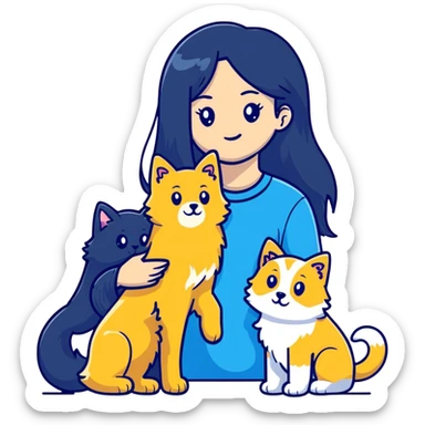 Woman with long black hair holding a blue and white long-haired cat and a golden retriever dog sticker