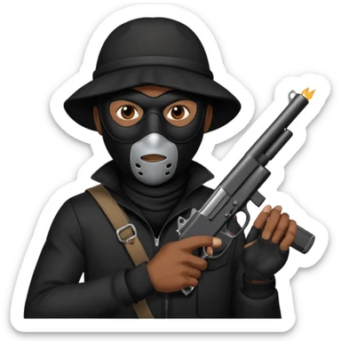 A black male in a robber mask with a gun sticker