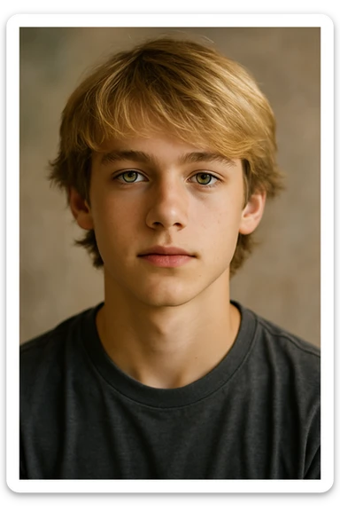 retrato realista de un chico adolescente, cabello rubio, ojos verdes, fondo suave sticker