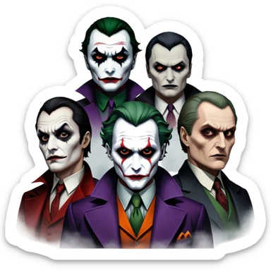 Thriller Movie Icon: A dark, intense collage with close-up images of iconic thriller characters like 1 Joker, 1 Hannibal Lecter, and 1 Vlad Dracula. The background features a moody Gotham City skyline, with shadowy figures and fog. Atmospheric, suspenseful tone. Transparent background. sticker