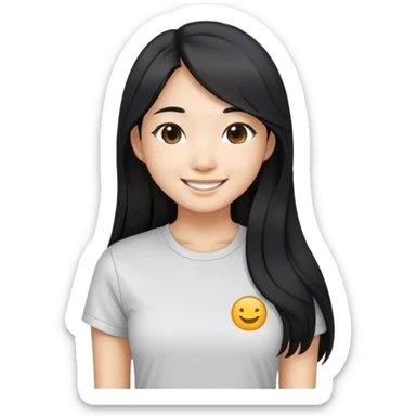 an asian girl with straight black and long hair, slight waves, smiling, wearing tshirt sticker