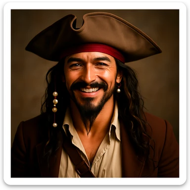 Make Jack Sparrow smile with a natural, charismatic smile, keeping the realistic pirate style, detailed attire, tricorn hat, and beaded hair. Maintain the realistic pirate look and detailed features. sticker
