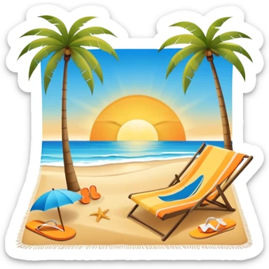 Icon for Beach Tourism: with the blue ocean, orange sunset, yellow sand beach and palm trees in the background, a sun umbrella, flip-flops, and a beach towel on the sand. The icon should represent relaxation and fun at the beach. Transparent background sticker
