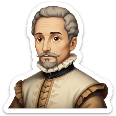 Cinematic Realistic Miguel de Cervantes Portrait Emoji, depicted as a wise thoughtful literary figure in period attire with a reflective gaze, rendered with detailed textures and soft historical lighting that captures his enduring literary legacy. sticker