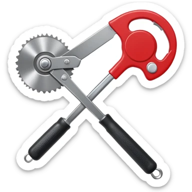 kitchen can opener tool with red handle and metal cutting wheel sticker