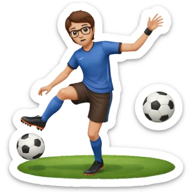 Fat sad guy with brown hair and glasses kicking a ball sticker