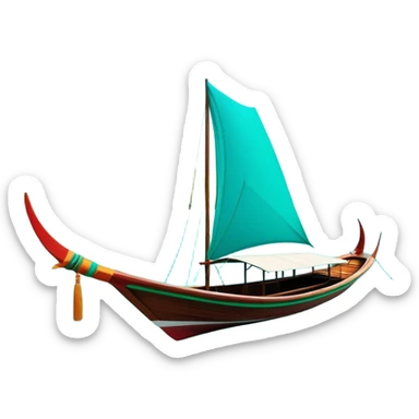 ​Cinematic Realistic Authentic Thai Longtail Boat, depicted as a traditional wooden longtail boat with a sleek, elongated hull and a brightly painted canopy, its long tail fin cutting gracefully through turquoise waters under a clear tropical sky, rendered with vibrant textures and dynamic natural lighting that captures its rustic charm and cultural heritage, sticker