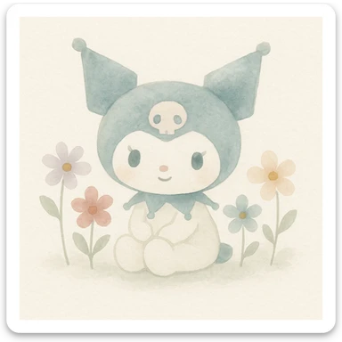 Kuromi character, watercolor art style, sitting pose, surrounded by flowers sticker