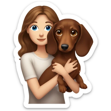 Brown long wavy hair girl with blue eyes cuddling a brown short haired dachshund sticker