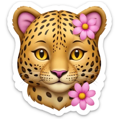 eyes closed, A leopard with peaceful smile, A pink flower with a yellow center is tucked behind its right ear
 sticker